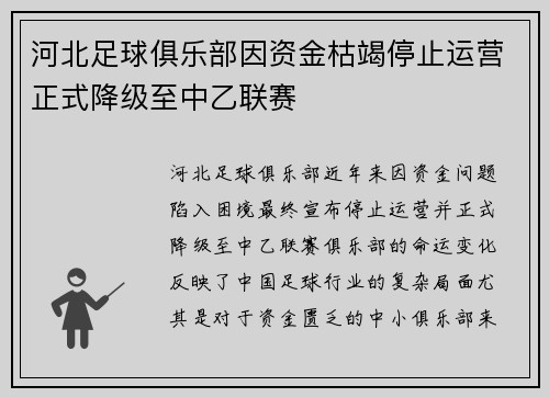 河北足球俱乐部因资金枯竭停止运营正式降级至中乙联赛
